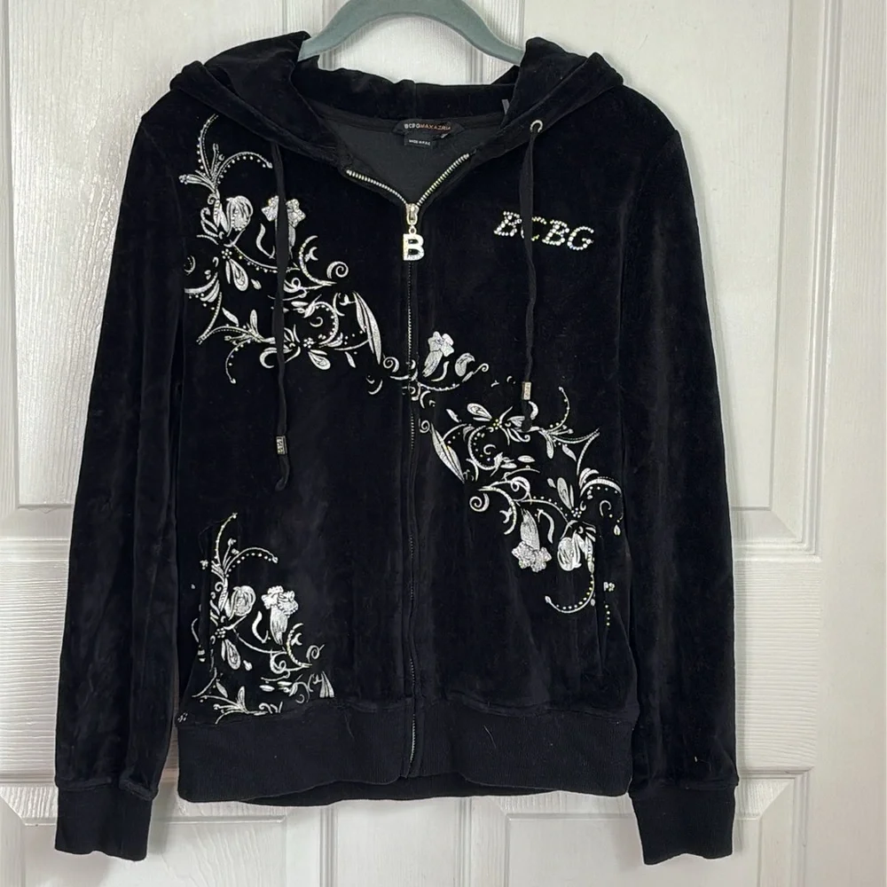 BCBG Y2K black velvet zip up hoodie rhinestone embellished size Medium birds - Picture 2 of 11